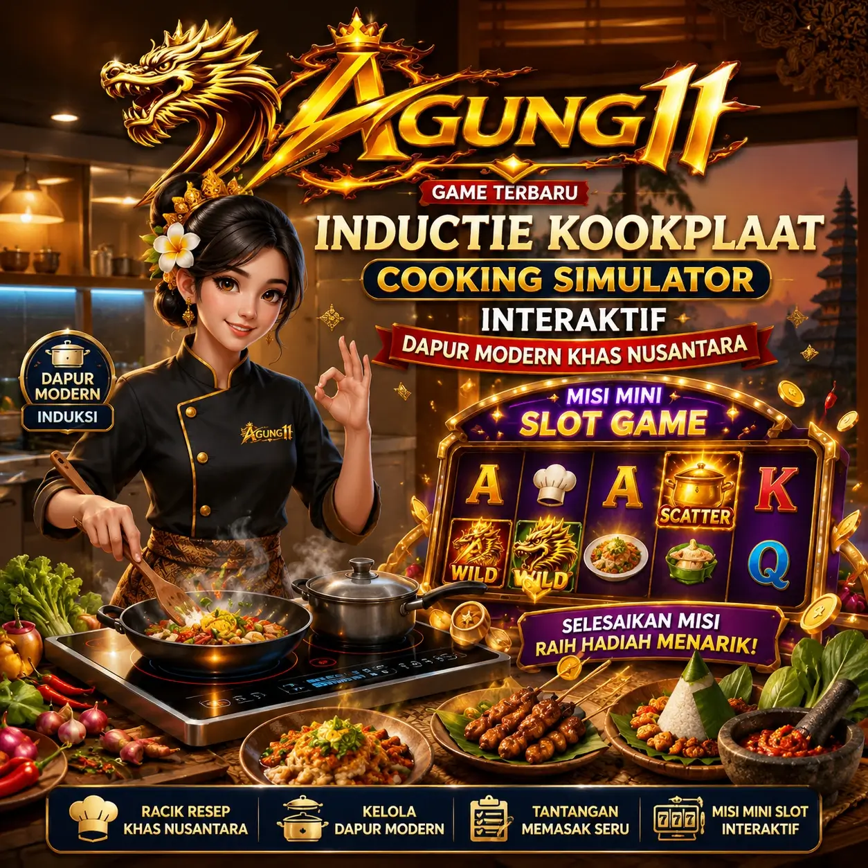 Poster AGUNG11 Inductie KookPlaat Cooking Simulator dengan chef, dapur induksi, hidangan Nusantara, dan misi mini interaktif